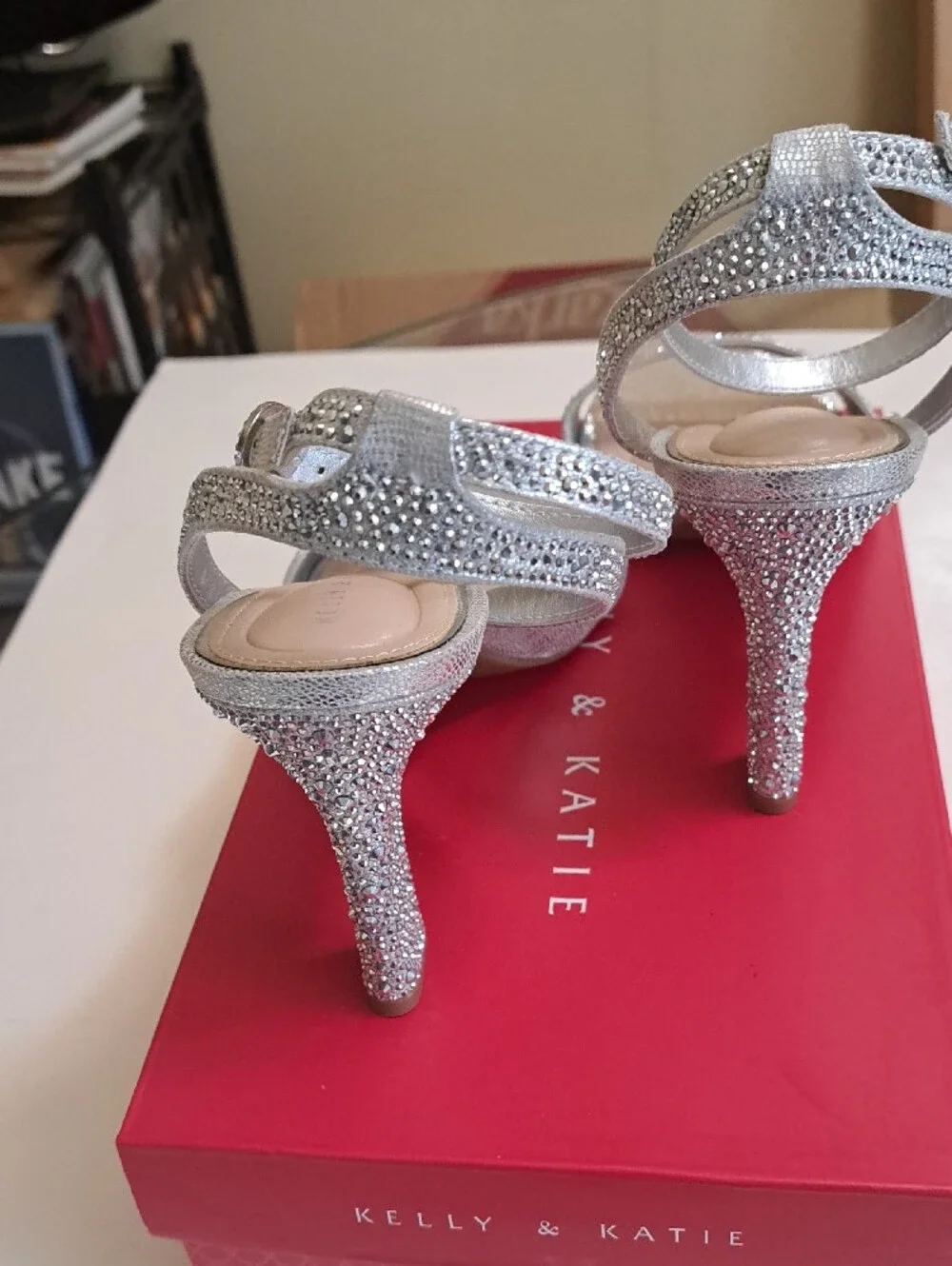 Kelly & Katie Silver Rhinestone Ankle-Strap Heels